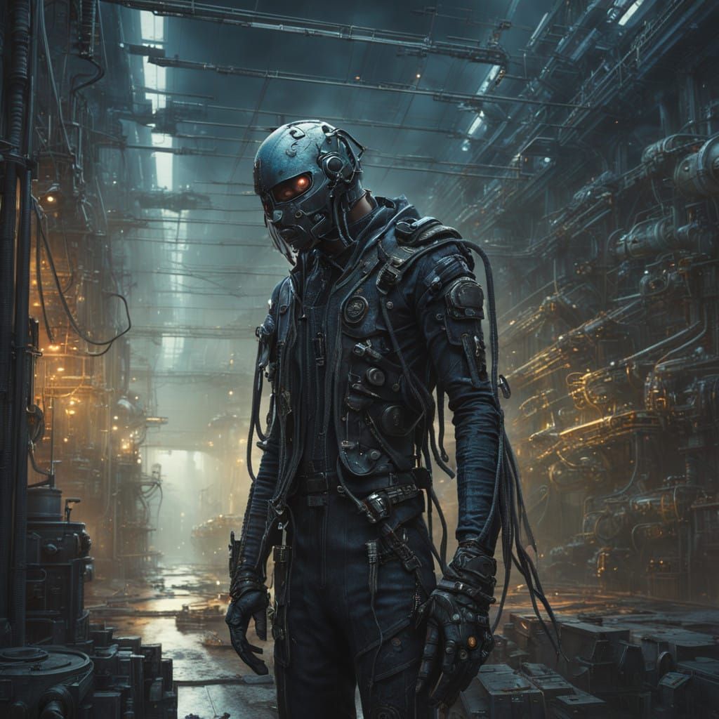 Cyborg Ninja in Gritty Futuristic Industrial Setting