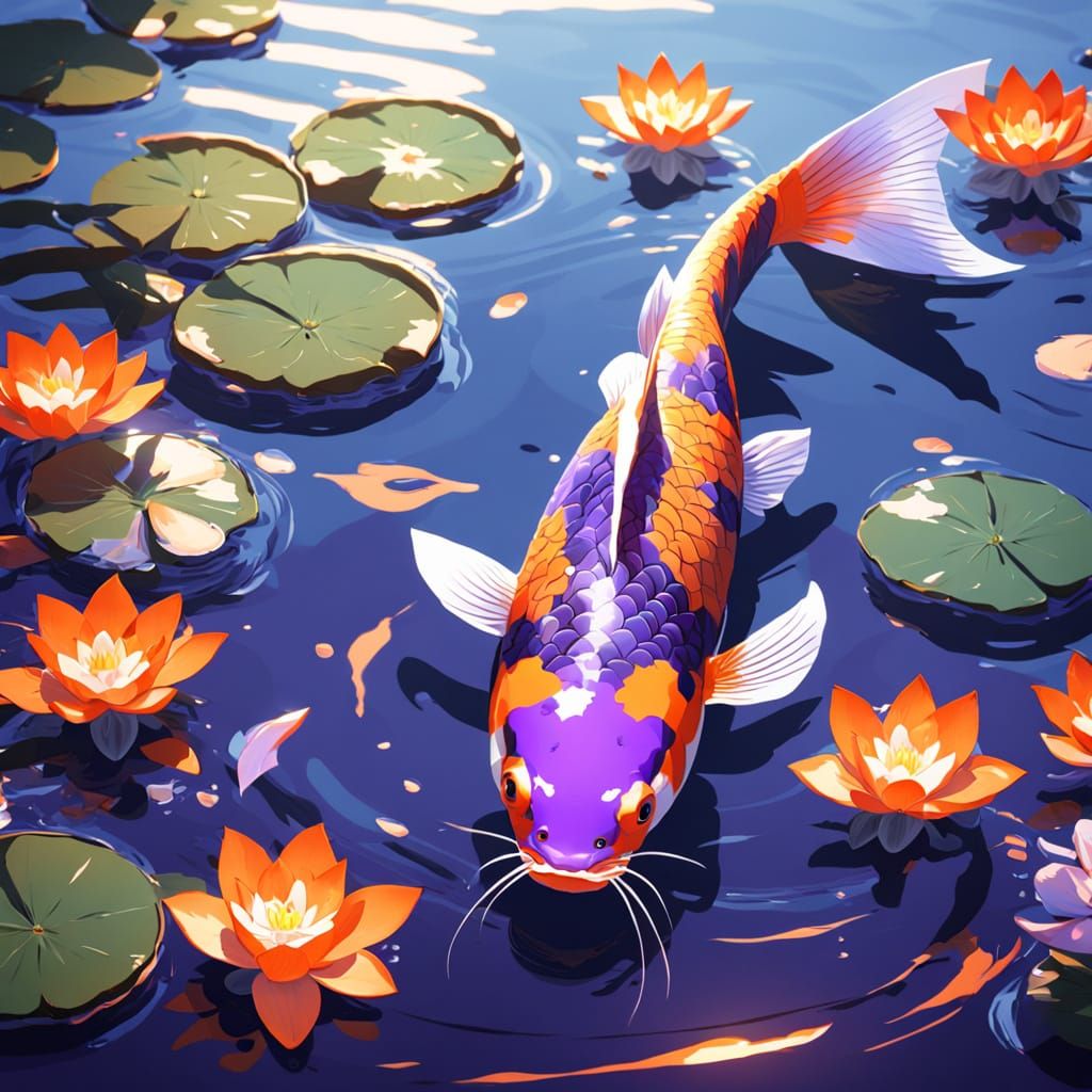 Vibrant Koi Fish in Ukiyo-e Style Digital Painting