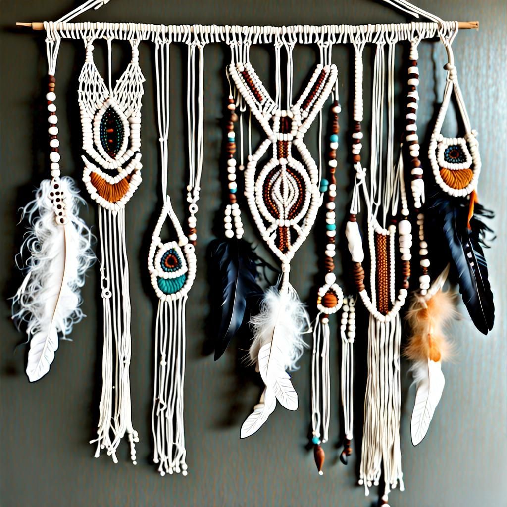 Tribal Macrame Art with Beads and Feathers