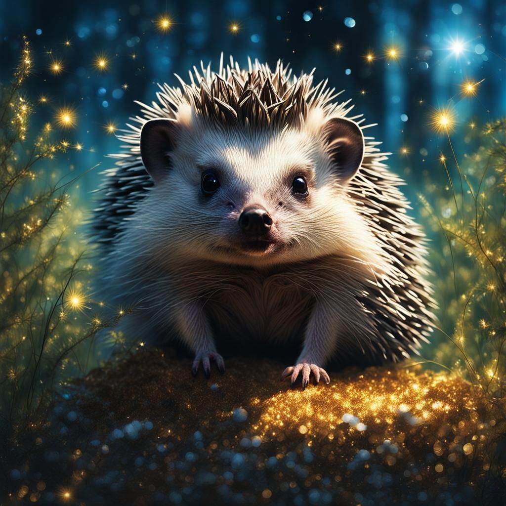 Hedgehog in Summer Forest with Glitter Sparkles