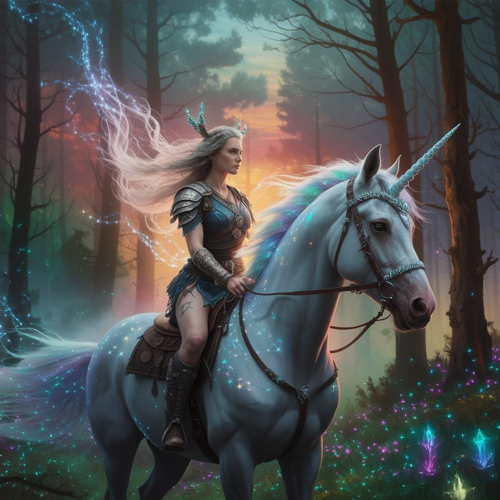 Barbarian Woman Rides Unicorn in Bioluminescent Forest