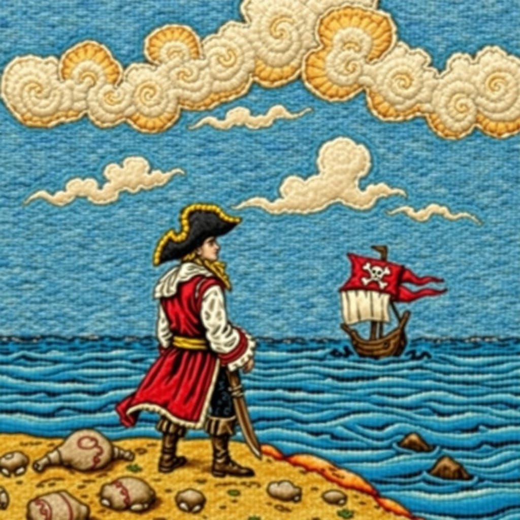 Surrealist Pirate Embroidery in Pointillist Style