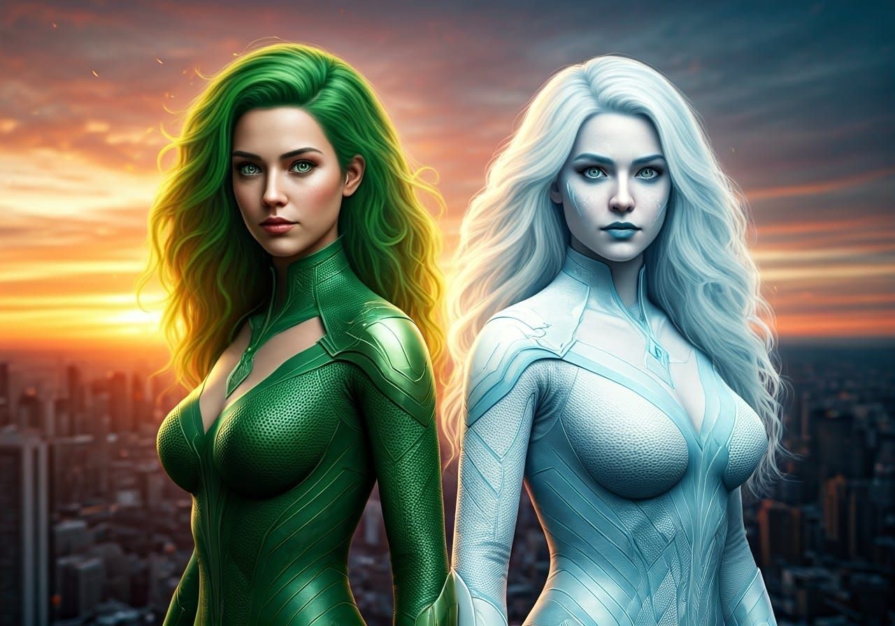 DC Superheroines Fire and Ice Stand Tall in City Sunset