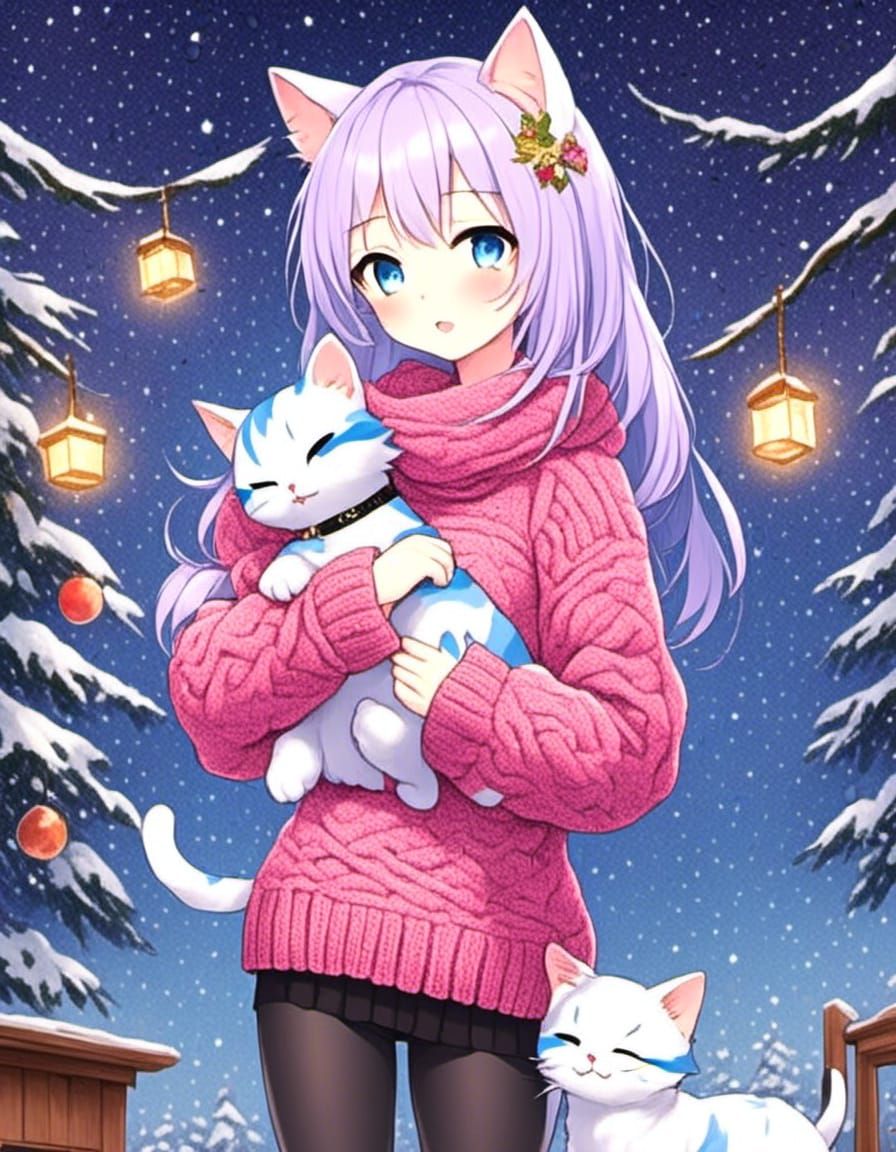 Cat girl in a sweater, holding a kitten.