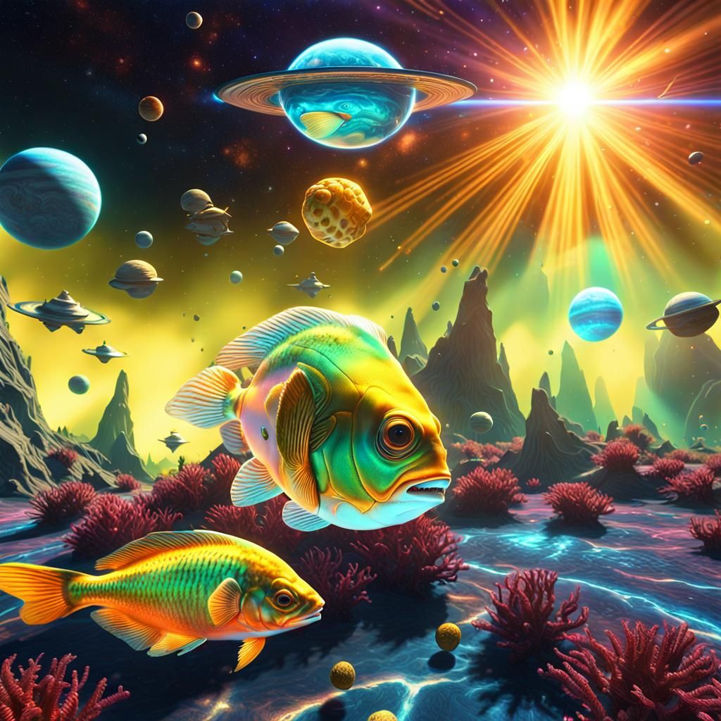 Alien Fish Soaring Through Space in Synthwave Style