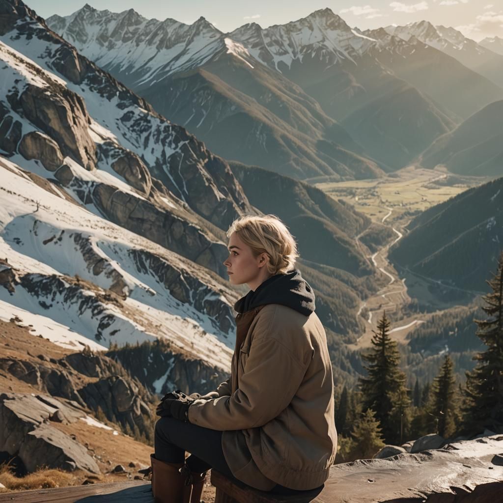 Girl on Mountain Bench in Golden Hour Light