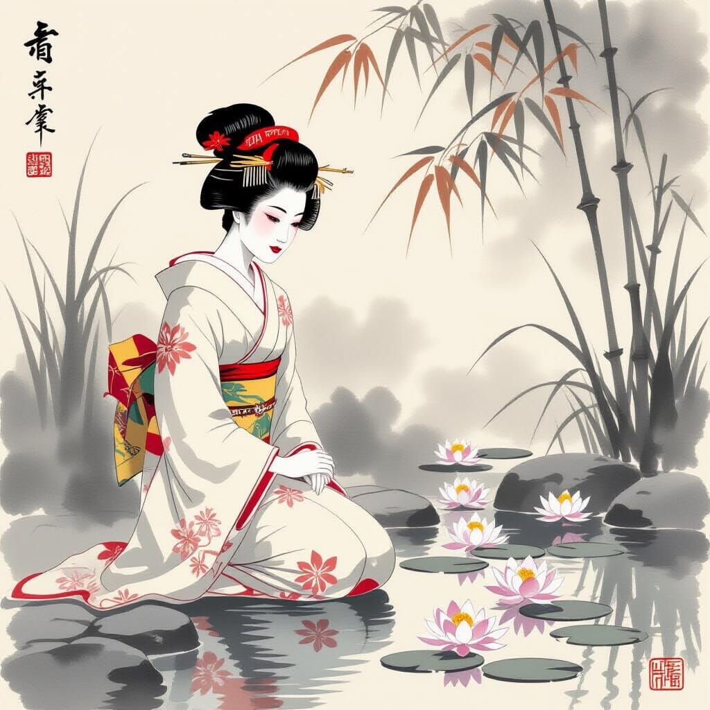 Geisha by Lily Pond: Traditional Ink Wash Art