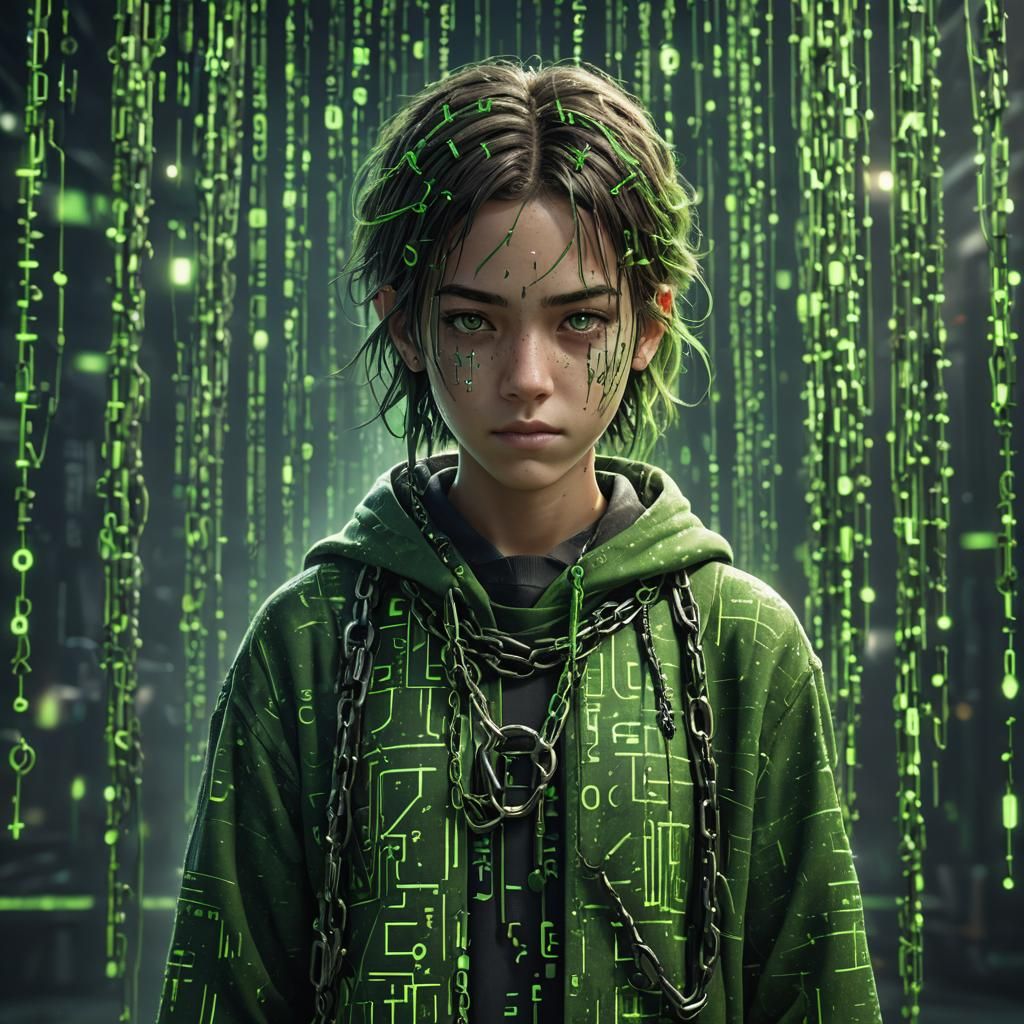 Teenager Imprisoned by Green Binary Code in Digital Art
