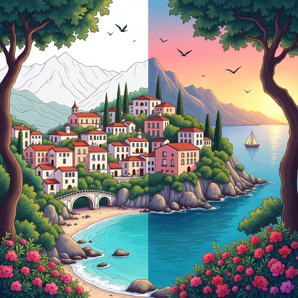 Mediterranean Town Coloring Page Concept Art