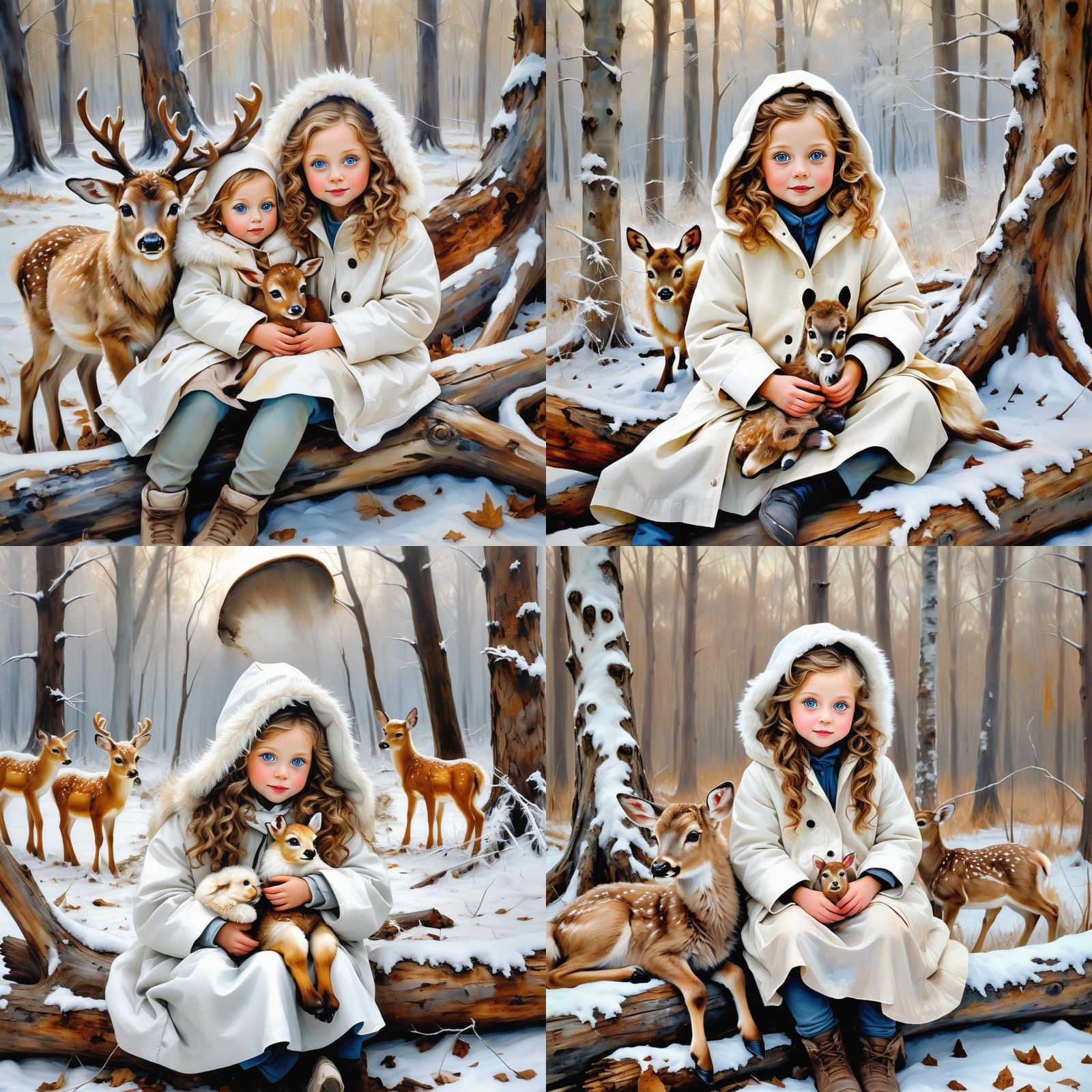 Girl and Fawn in Encaustic Painting, High Resolution