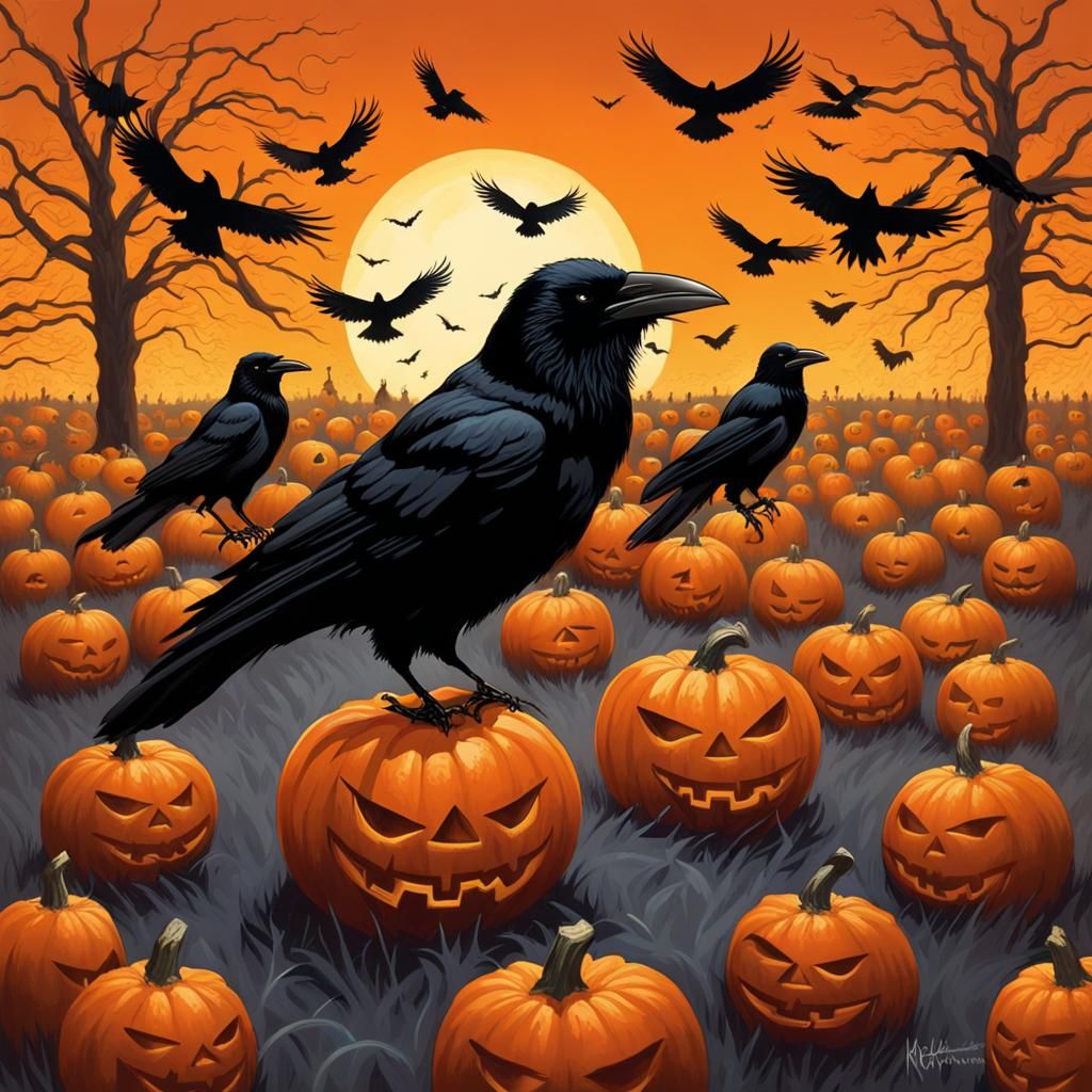 Sinister Crows in a Jack-o'-Lantern Field