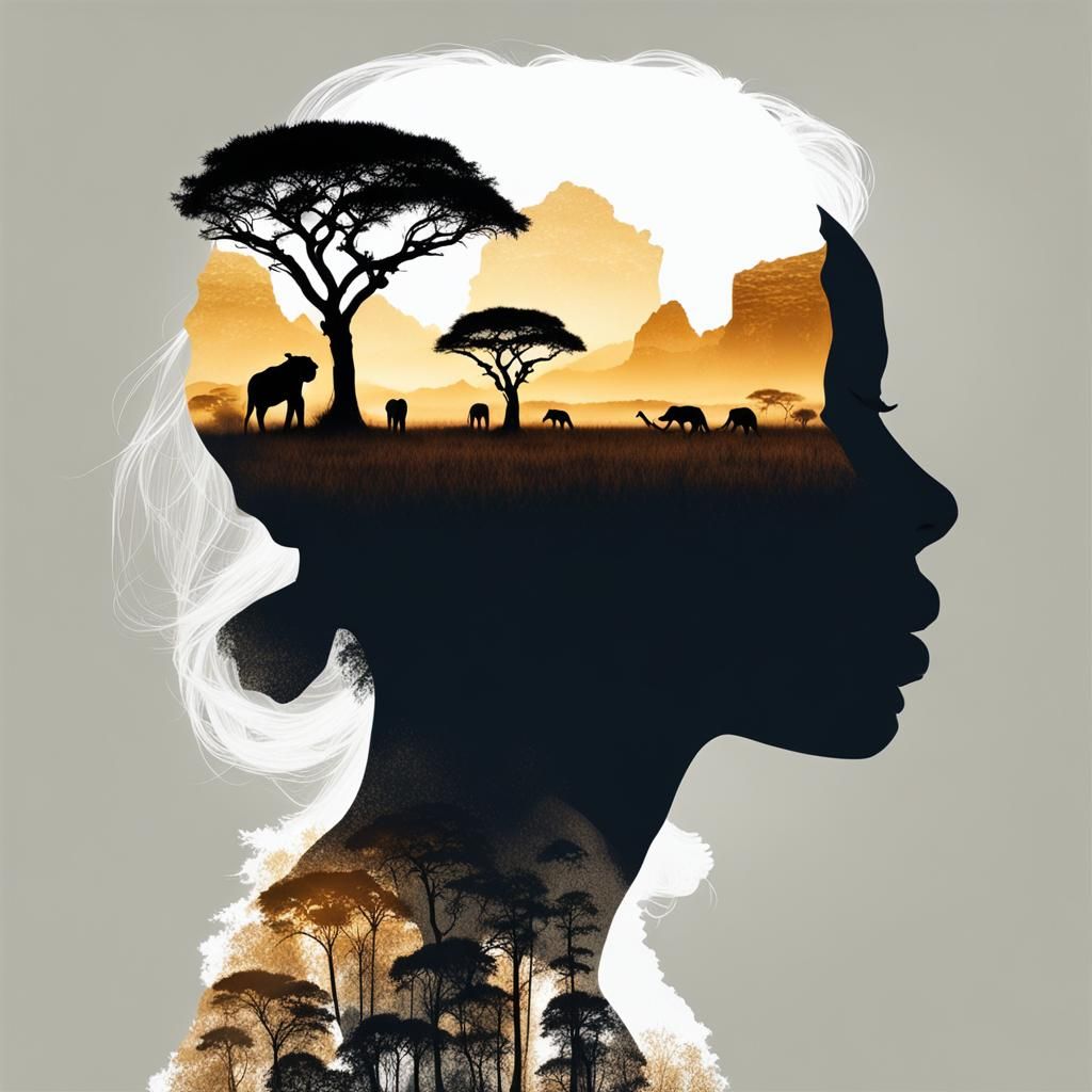 Silhouette Girl Double Exposure: African Savanna
