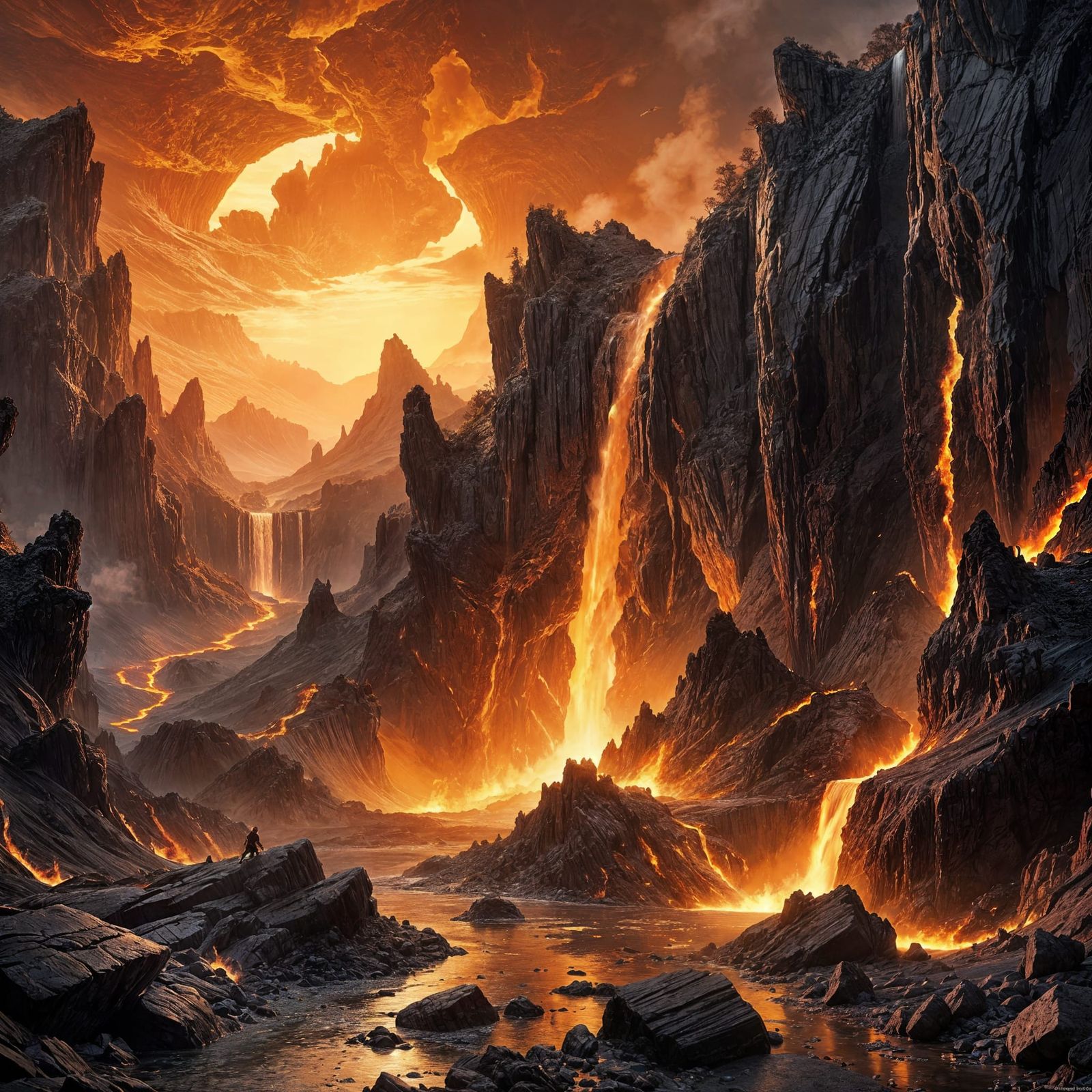 Volcanic Planet with Lava Waterfall in Hyperrealistic Style