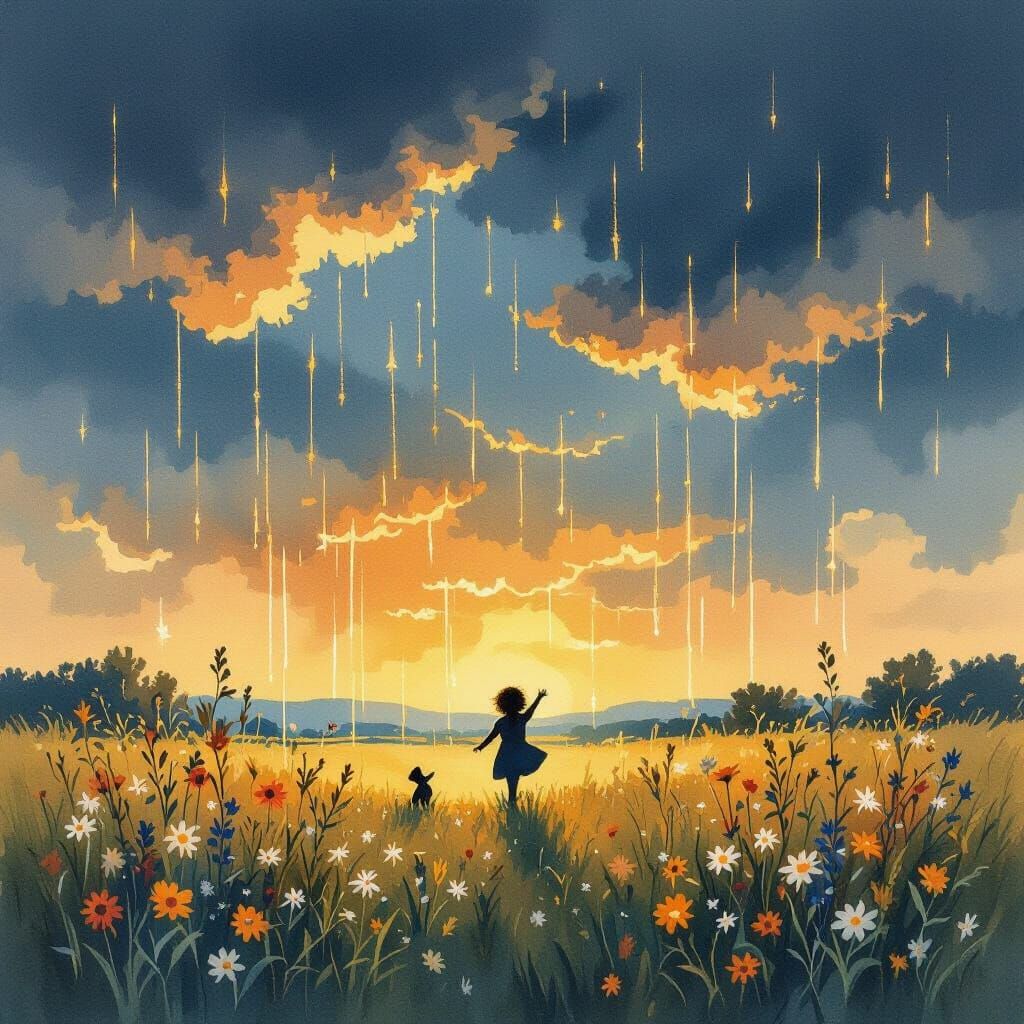 Golden Summer Rain in Impressionistic Style