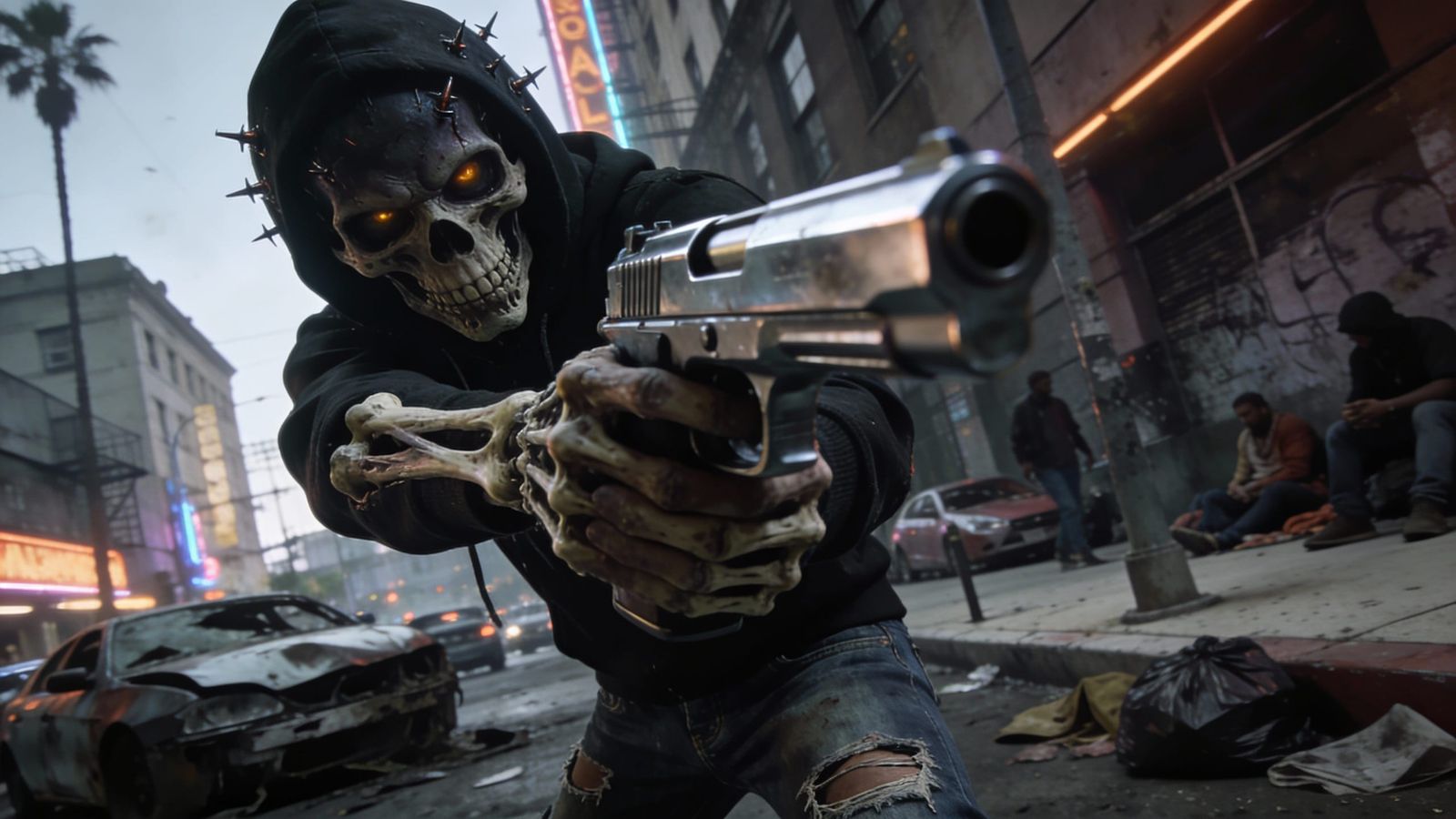 Skeleton Criminal Aims Pistol in Gritty Urban Scene