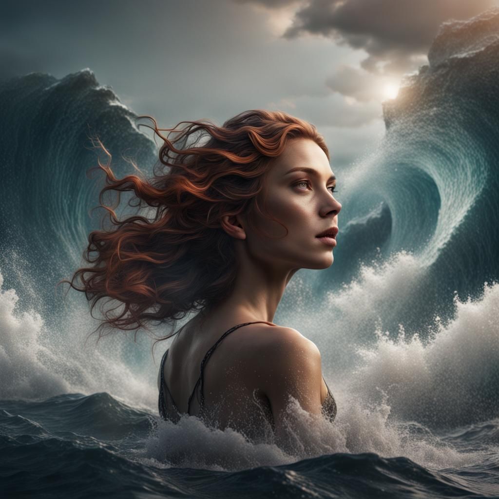 Surreal Woman Emerges from Waves: Fantasy Concept Art