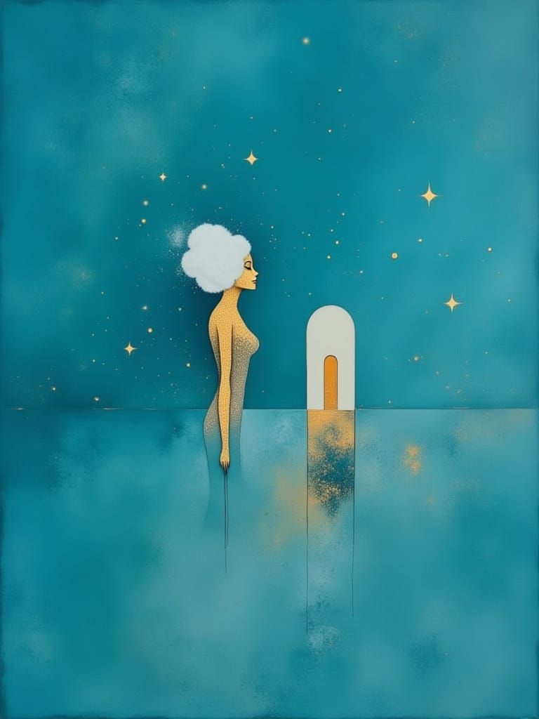 Ethereal Figure with Cosmic Cloud Hair in Encaustic Landscap...