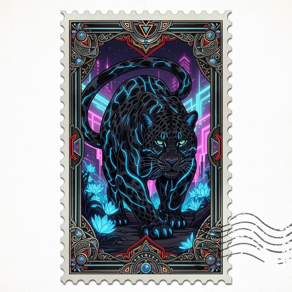 Cyberpunk Leopard Postage Stamp with Bioluminescent Flora