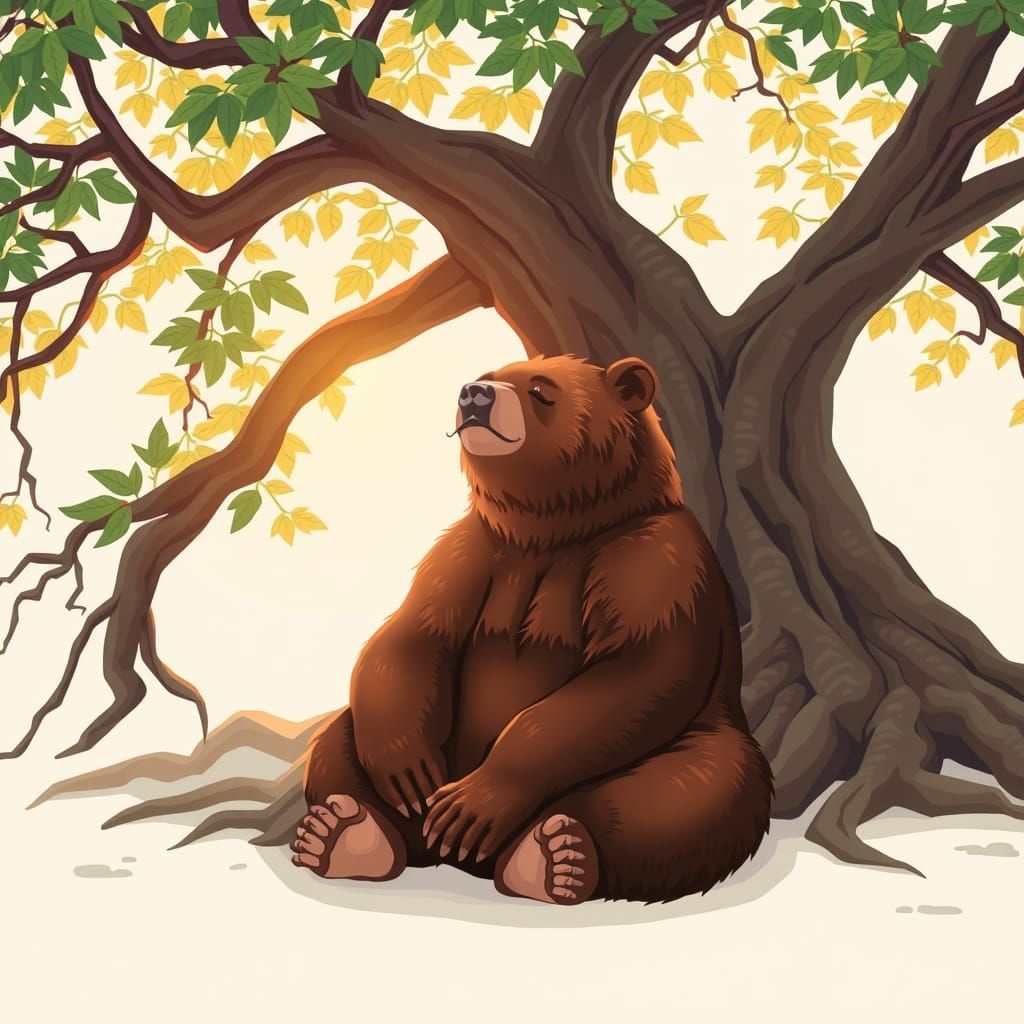Contemplative Bear Under Banyan Tree, Digital Illustration