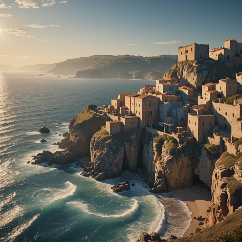 Ancient Cliffside City Overlooking Ocean: Cinematic Film Sti...
