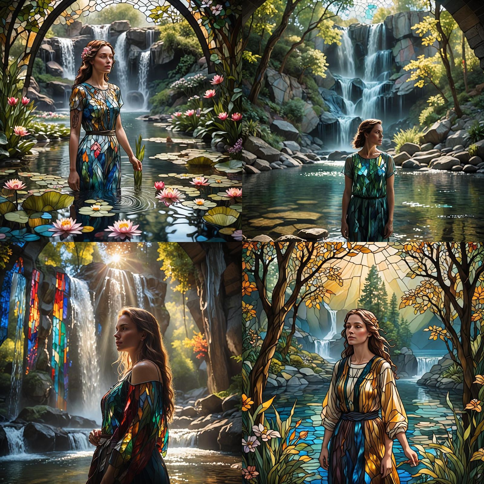 Stained Glass: Woman in Lake by Waterfall