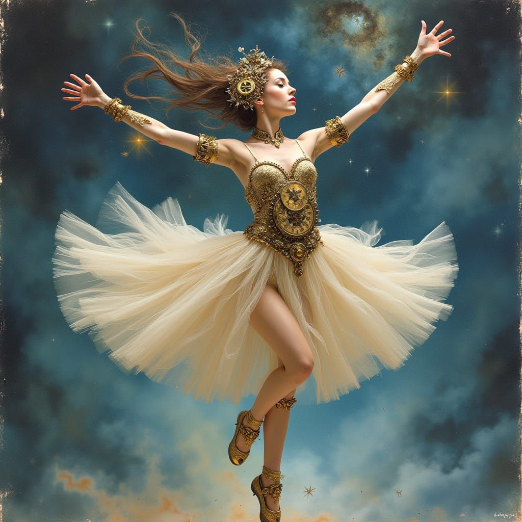 Steampunk Dancer in Cosmic Nebula, Ink Wash Style