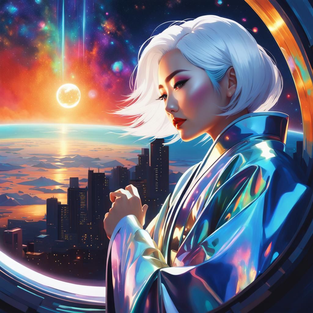 Japanese Woman in Metallic Kimono Gazing at Galaxy
