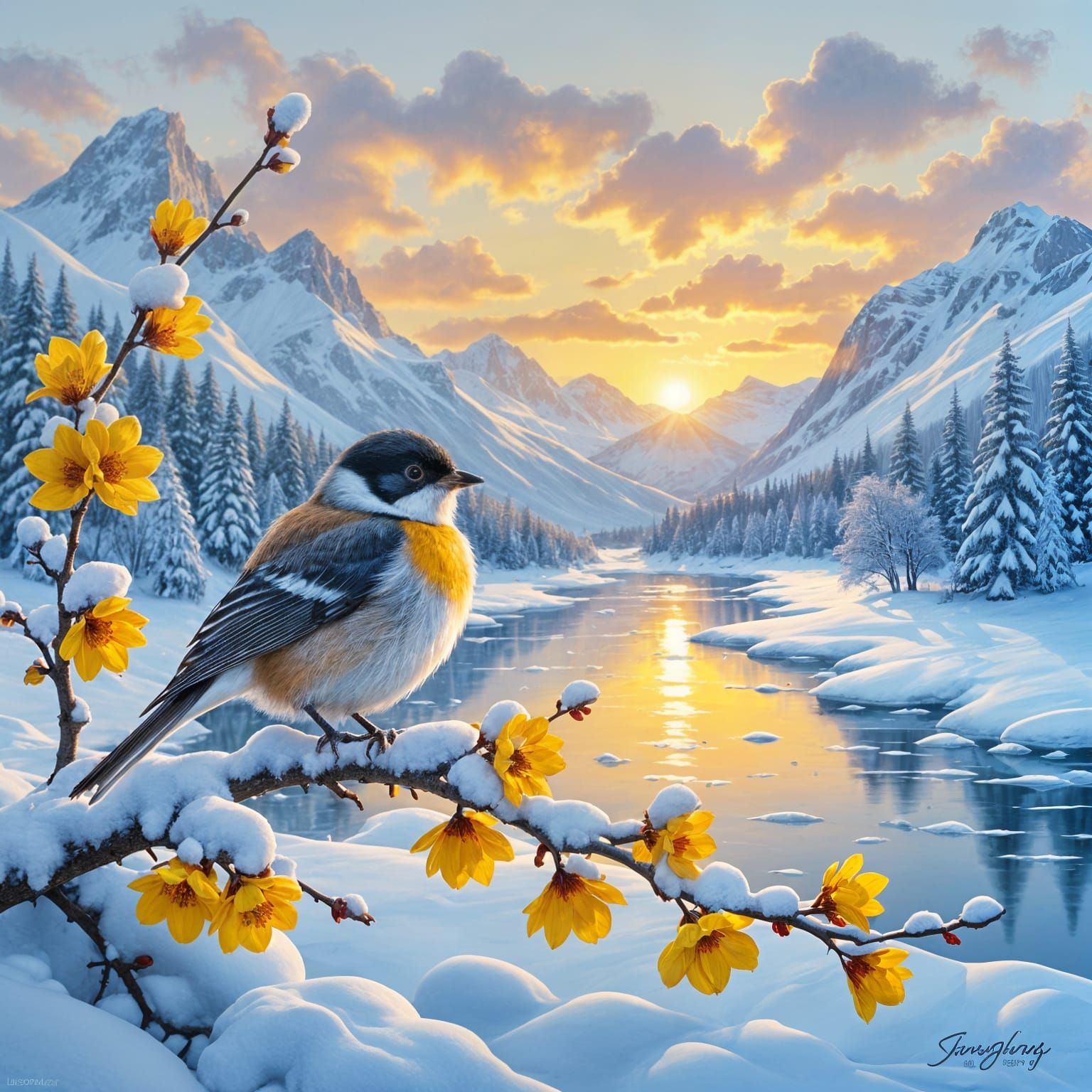 Winter Bird on Blossoming Branch
