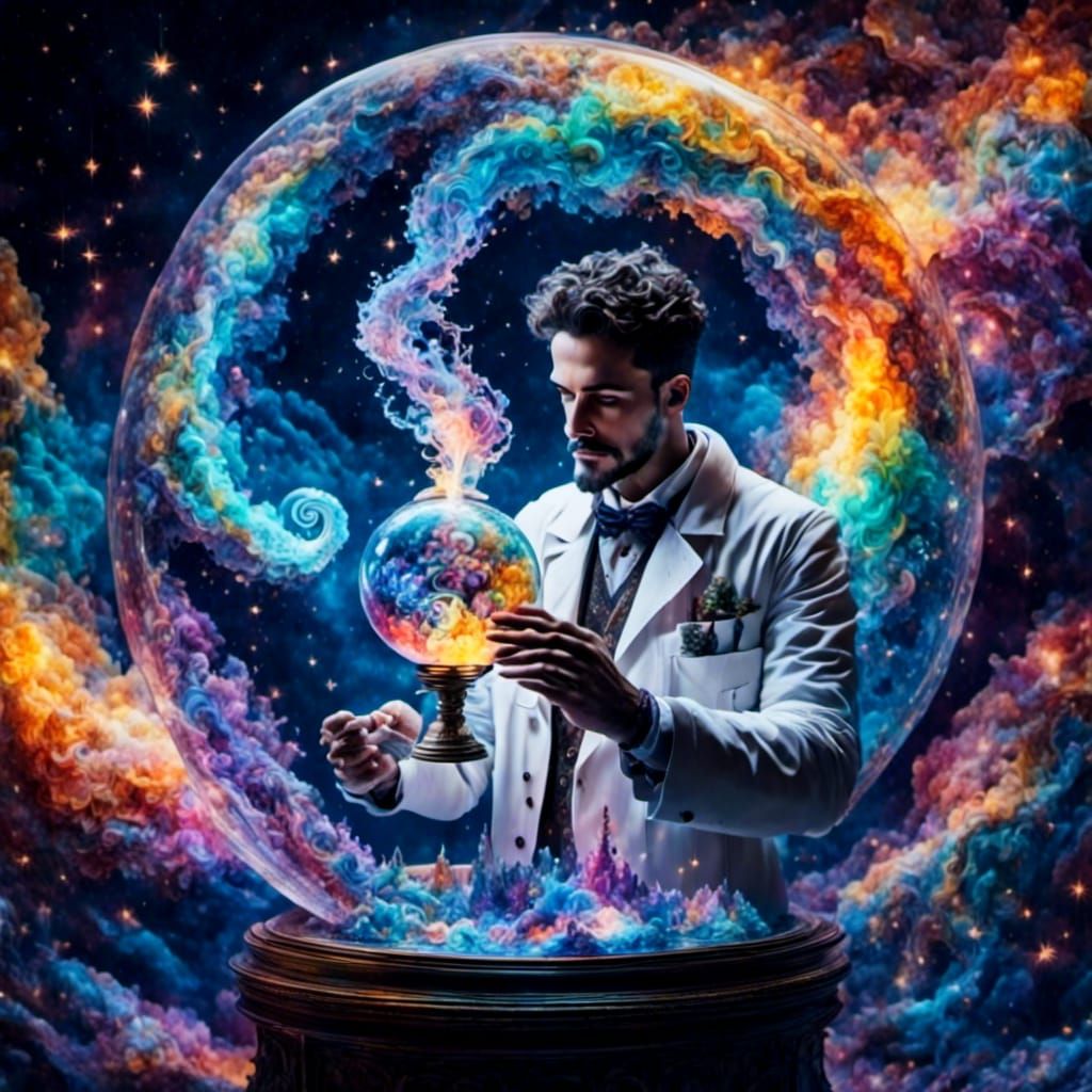 Surreal Scientist with Glowing Beaker and Globe