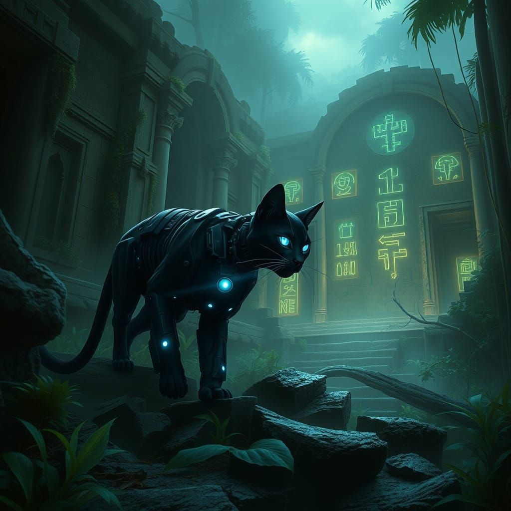 Cybernetic Cat in Ancient Temple Ruins