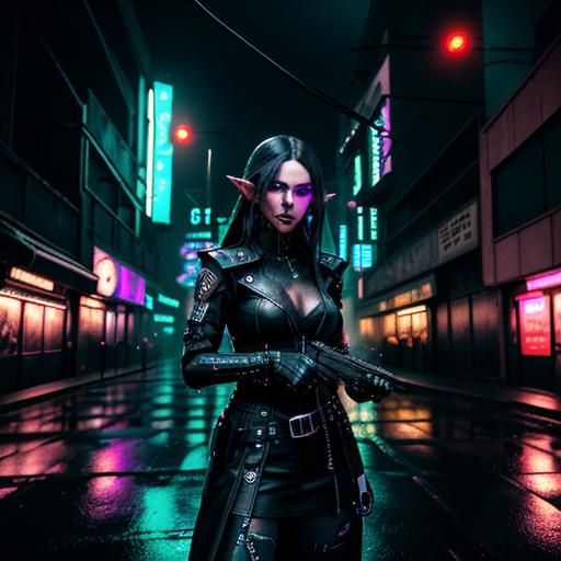 Cyberpunk Elf Holo-Mage in Urban Combat
