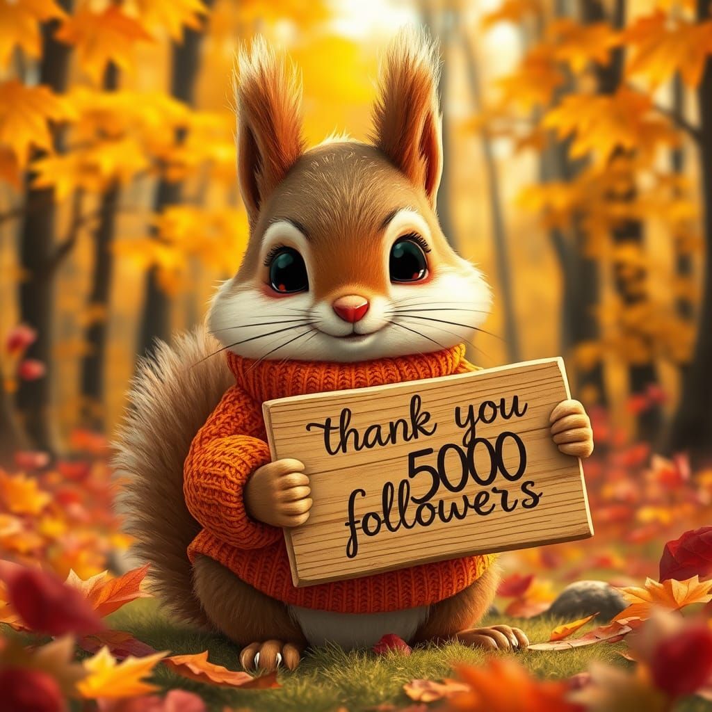 Whimsical Squirrel Thanking Followers in Autumn Forest