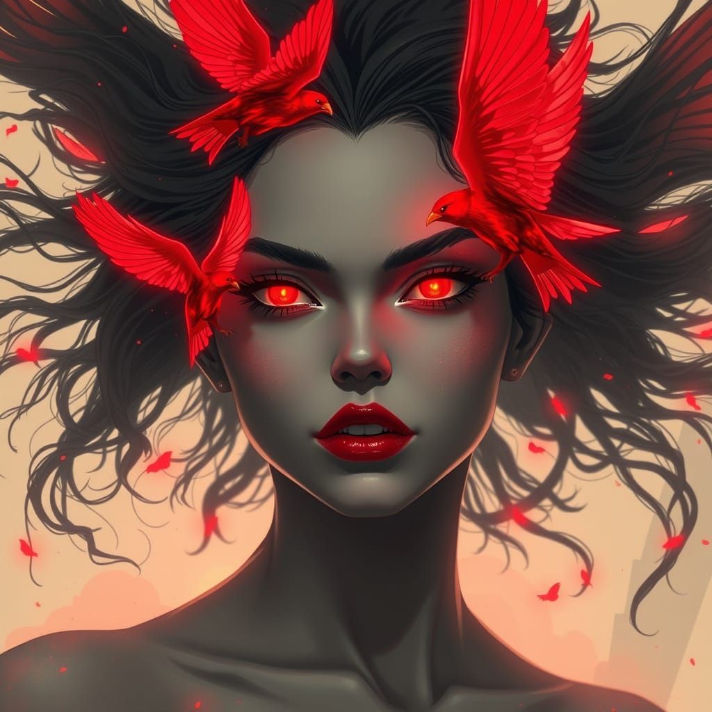 Cyber-Romantic Anime: Fierce Woman with Neon Birds