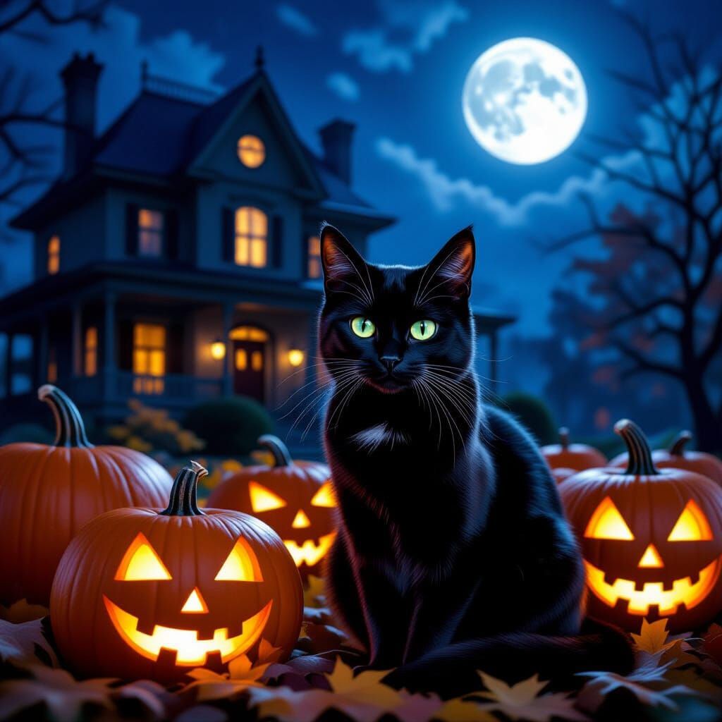 Black Cat Among Pumpkins on Moonlit Autumn Night