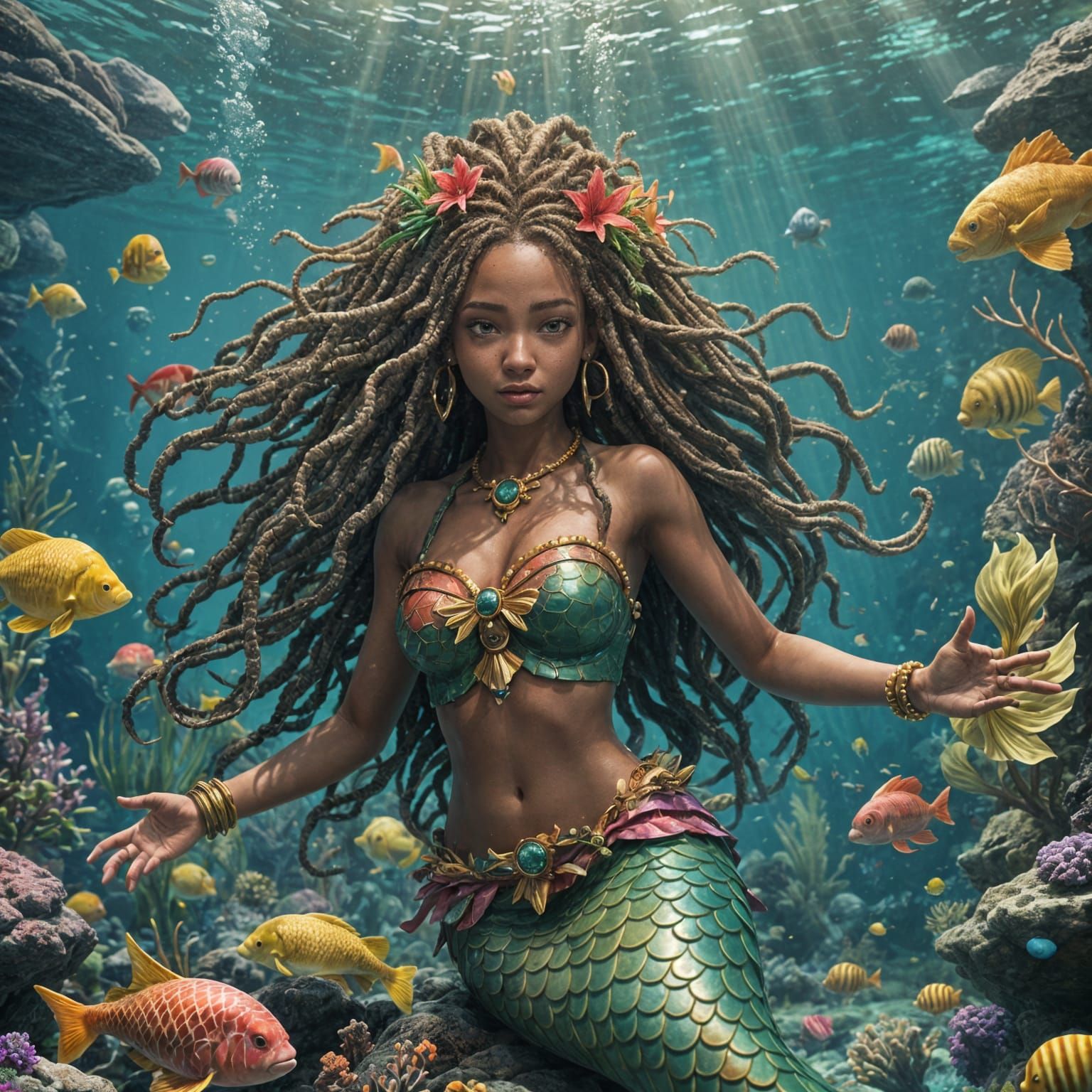 Underwater Rasta Mermaid in 3D Anime Style