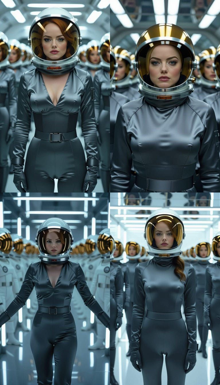 Emma Stone in Futuristic Space Helmet with Astronauts