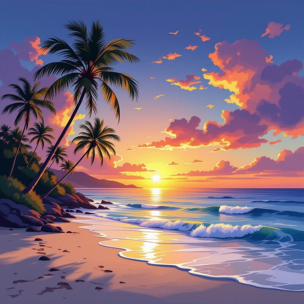 Realistic Sea Sunset with Palm Trees