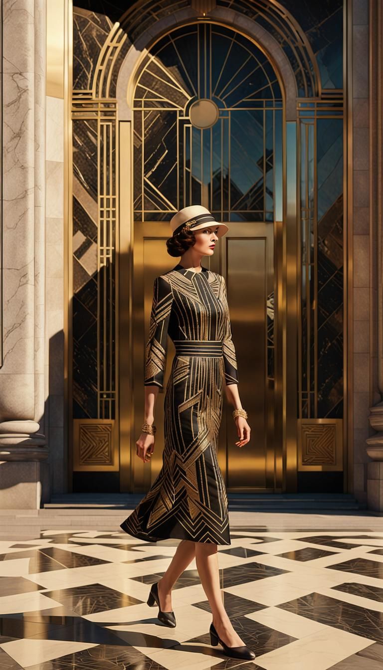 Art Deco Skyscraper with Golden Sunlight, 8K