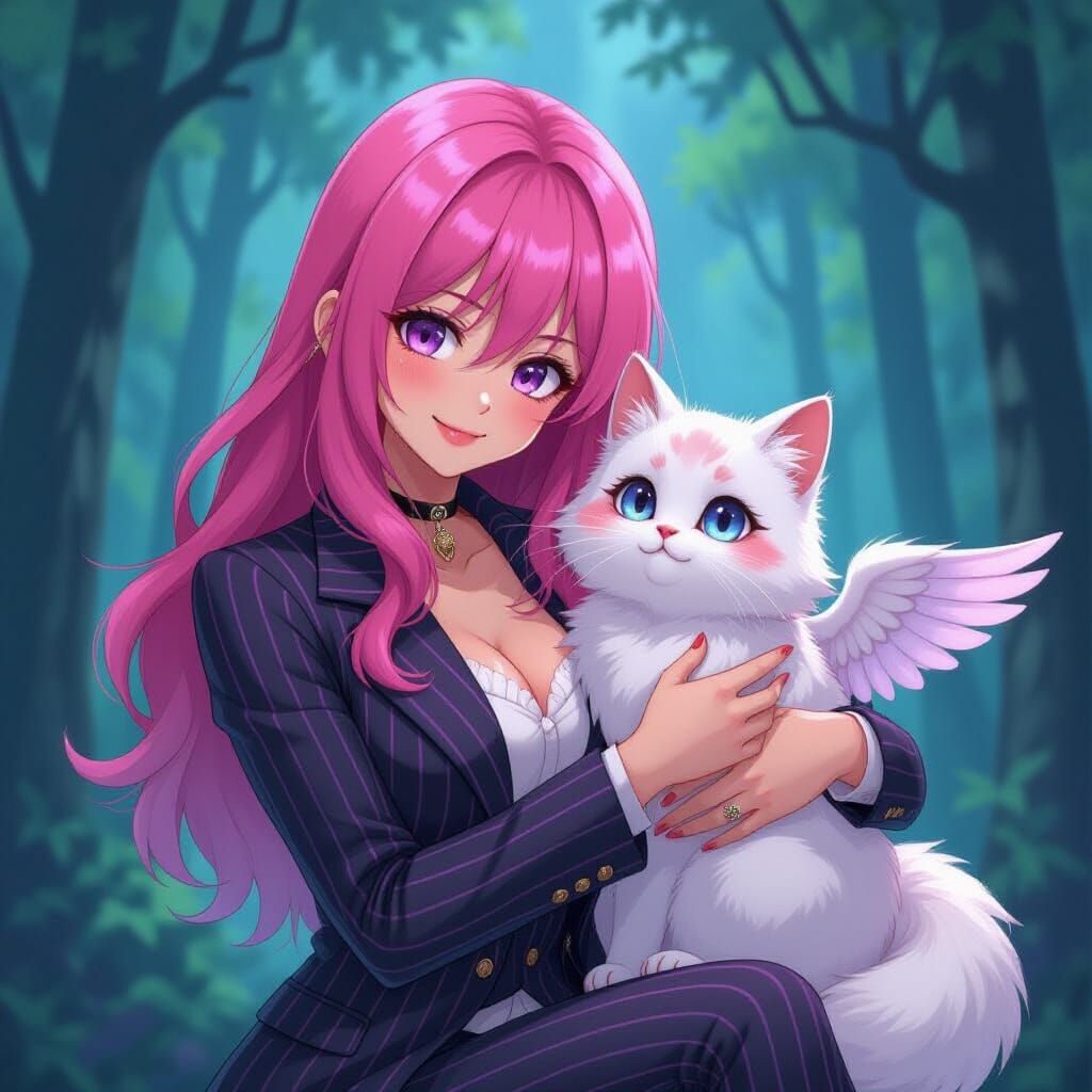 Pink Haired Woman Petting Winged Cat in Forest
