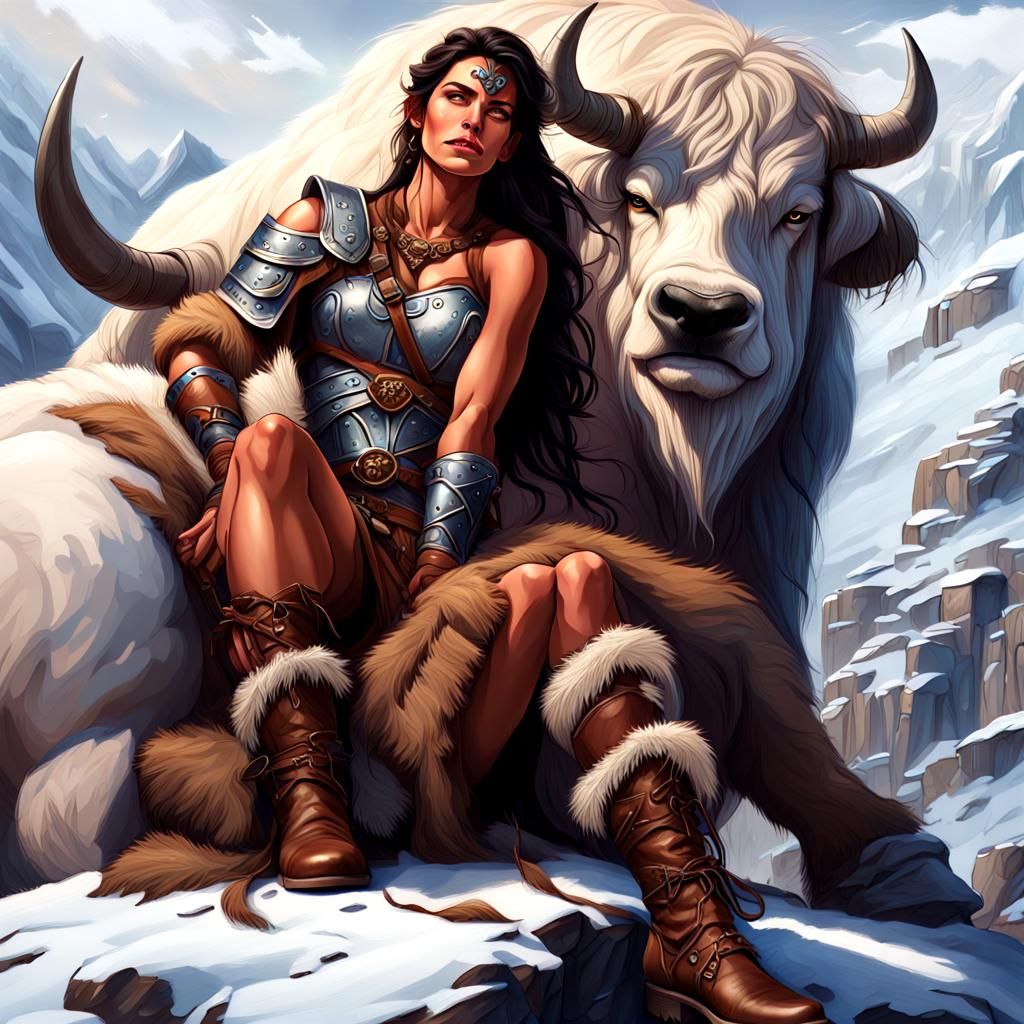 Barbarian Warrioress Sleeps Beside Her Yak: Color Sketch