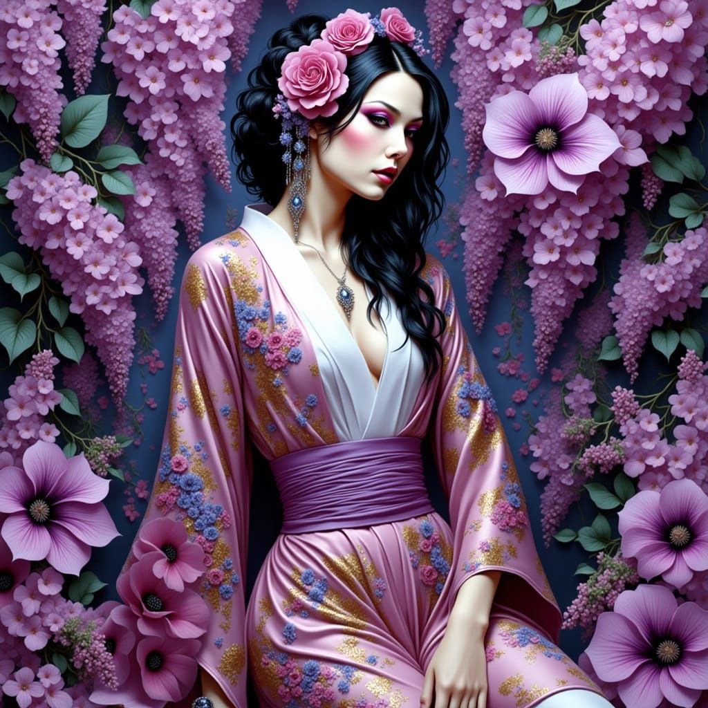 Lilac Garden Geisha Princess in Opulent Psychedelic Style