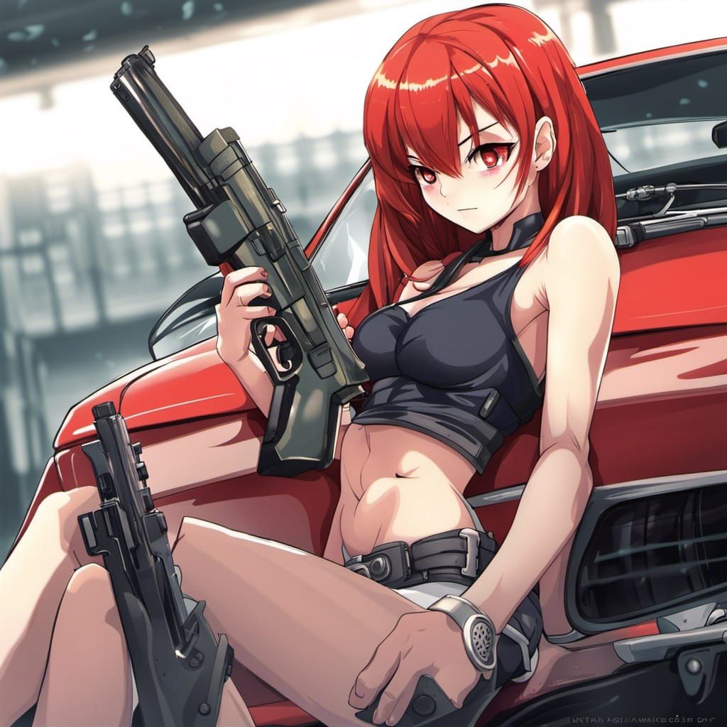 Anime Girl on Muscle Car Ready for Action