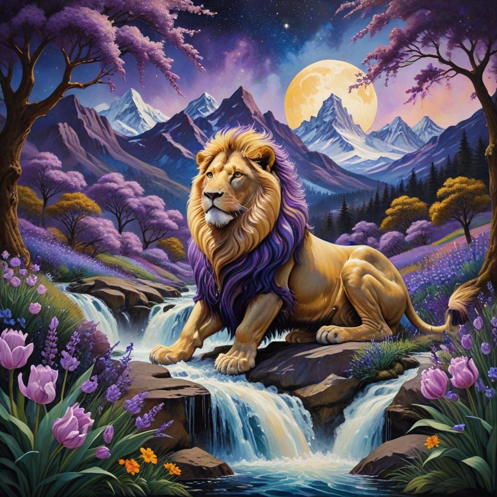 Regal Lion in Jewel-Toned Dreamscapes
