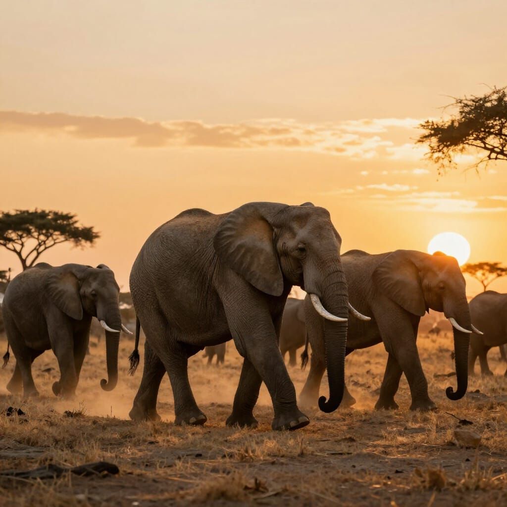 Elephants on African Savanna at Golden Hour Sunset