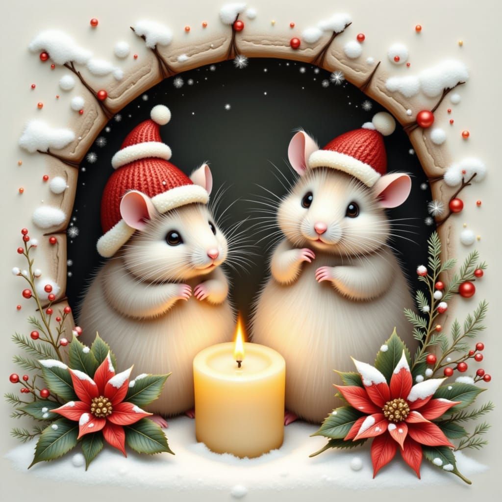 Scandinavian Mice in Santa Hats with Winter Decor