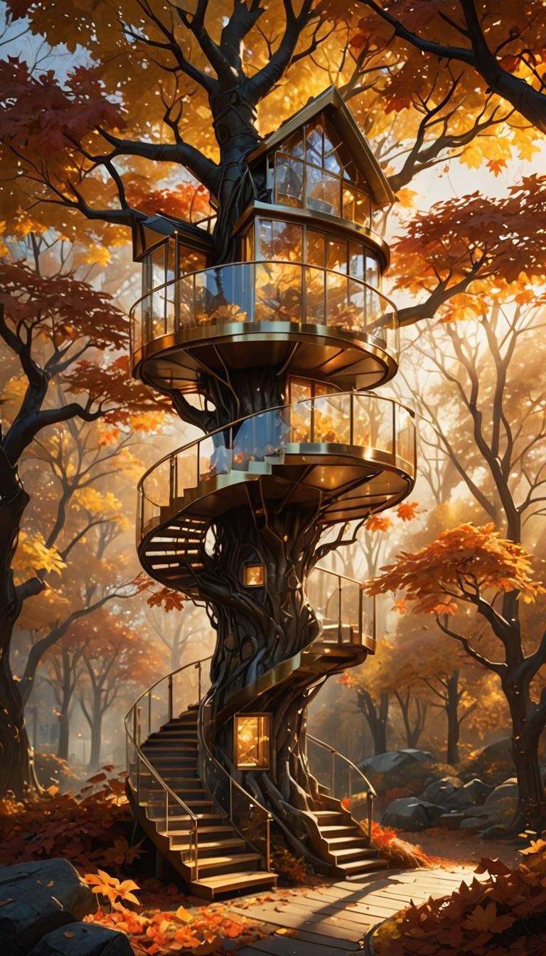 Futuristic Glass Treehouse in Autumn Sunlight