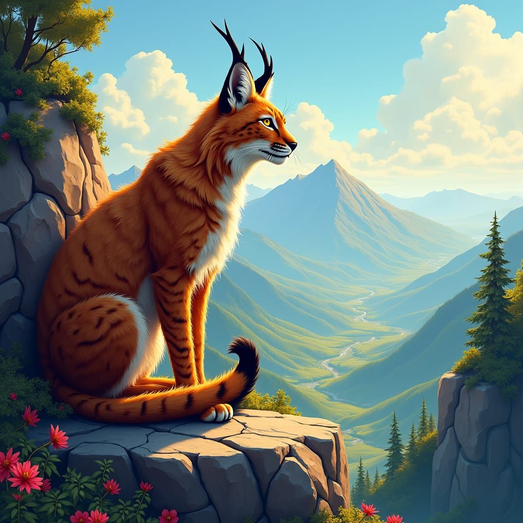 Lynx Overlooking Valley in Matte Painting Style