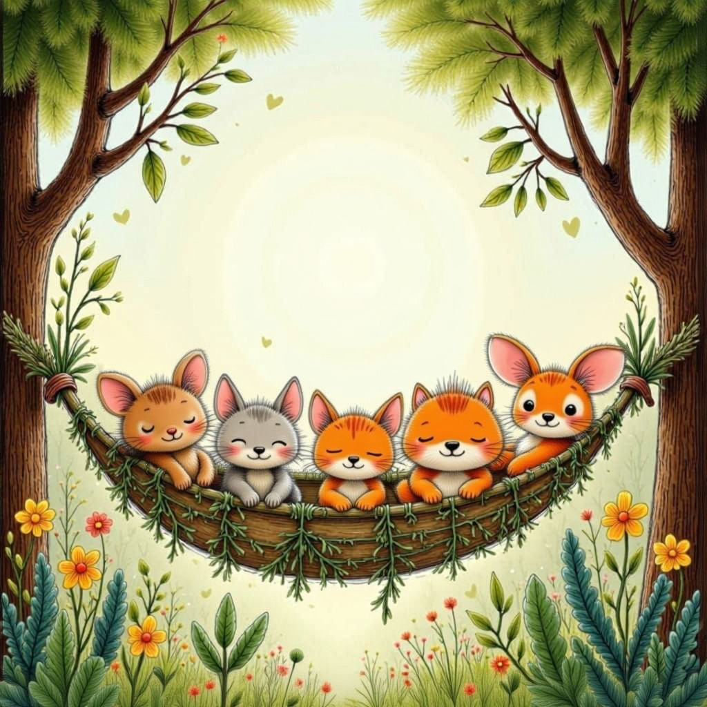 Adorable Forest Animals in Vine Hammock Whimsical Illustrati...