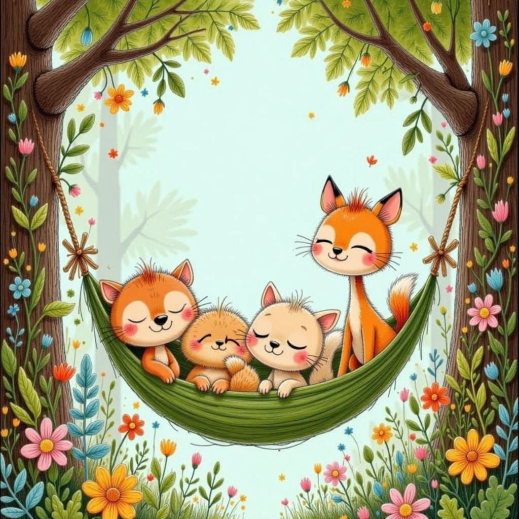Adorable Forest Animals in Vine Hammock - Whimsical Illustra...