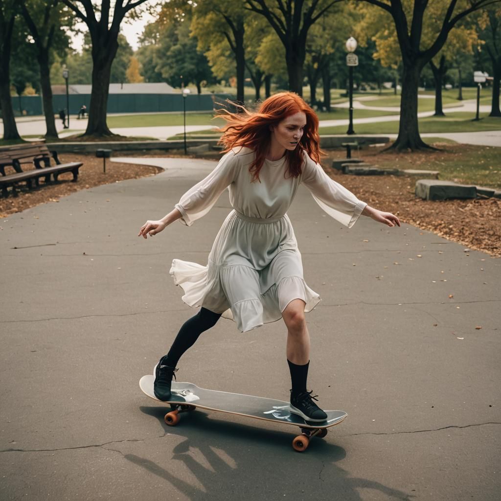 Redhead Skateboarder in Flowing Dress, Cinematic Still